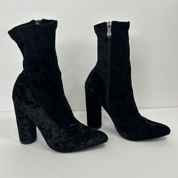 Cape Robbin Shoes - Cape Robbin Velvet Mid Calf Booties Block Heel Boots Black Womens 7